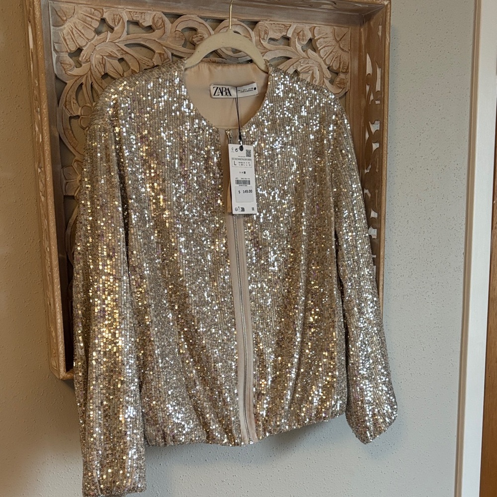 NEW Zara Silver Sequin Blazer, Large